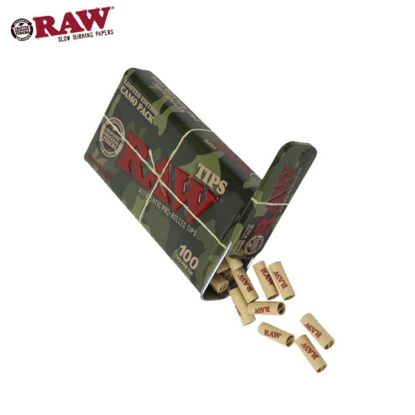 RAW CAMO PRE-ROLLED TIPS IN TIN 100CT/6TIN - LIMITED EDITION