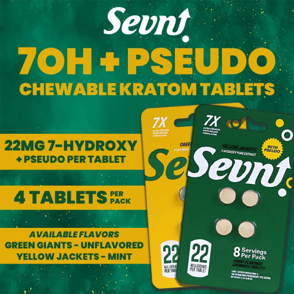 SEVN 7-HYDROXY + PSEUDO KRATOM CHEWABLE TABLETS 22MG/4CT/10PK