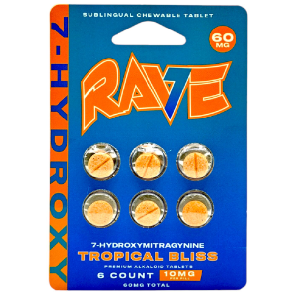 RAVE 7-HYDROXY KRATOM TABLETS 60MG/6CT/10PK - TROPICAL BLISS