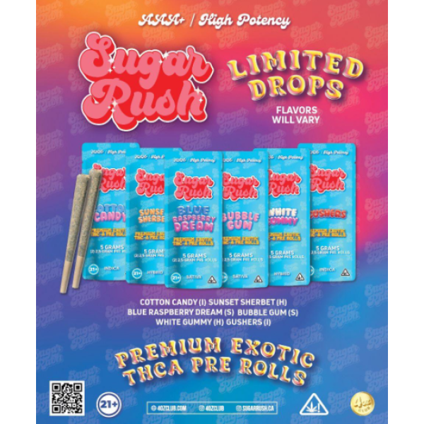 SUGAR RUSH PREMIUM EXOTIC THC-A PRE ROLLS 5GM/2CT/10PK