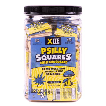 XITE PSILLY SQUARES MUSCIMOL + D9 + CBD MINI CHOCOLATE 70MG/70CT/JAR