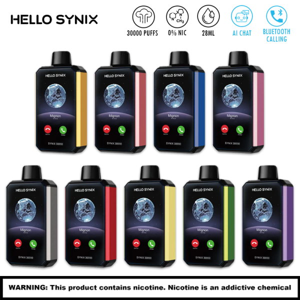 HELLO SYNIX ZERO NICOTINE 30000 PUFFS BLUETOOTH DISPOSABLE VAPE 5CT/DISPLAY