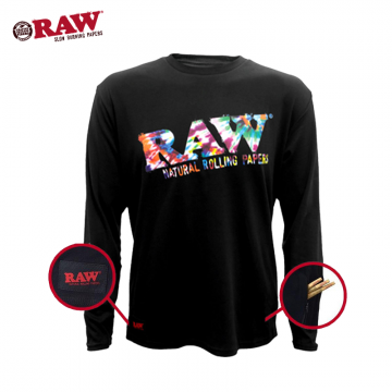 RAW LONG SLEEVE BLACK T-SHIRT W/TIE DYE LOGO & ZIPPER POCKET 